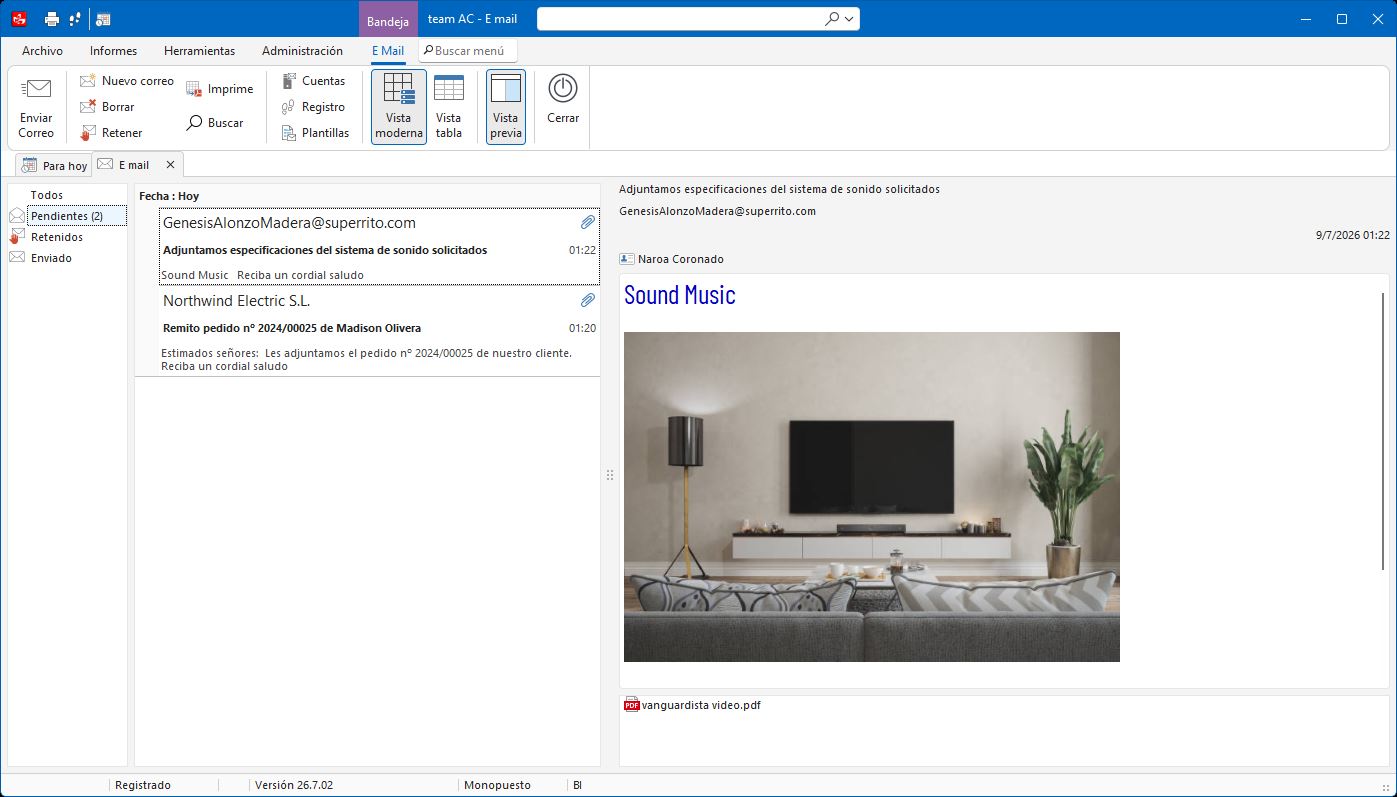Pantalla de configuración de cuentas de email en Team AC